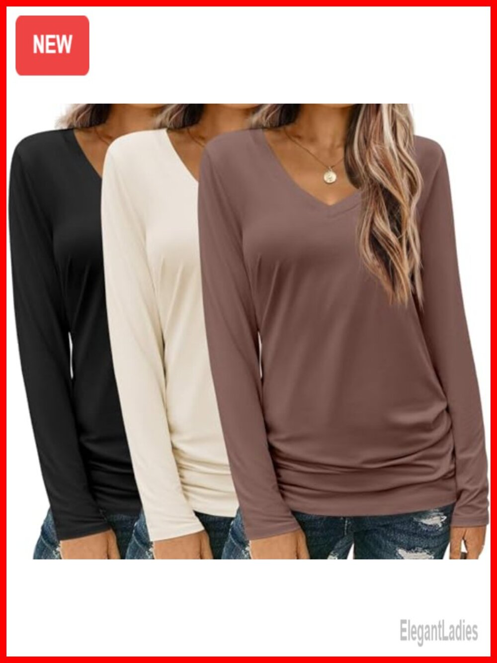 3 Pack V Neck Long Sleeve T Shirts Loose Fit Soft Stretch Tees Women